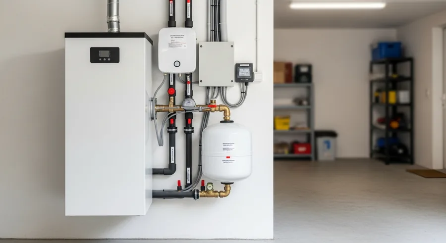 Module intérieur de pompe à chaleur installé dans un garage aux Ponts-de-Cé